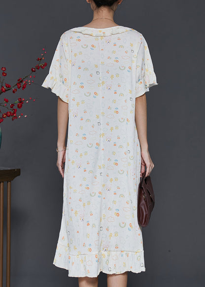 Apricot O-neck Print Cotton Robe Dresses Summer
