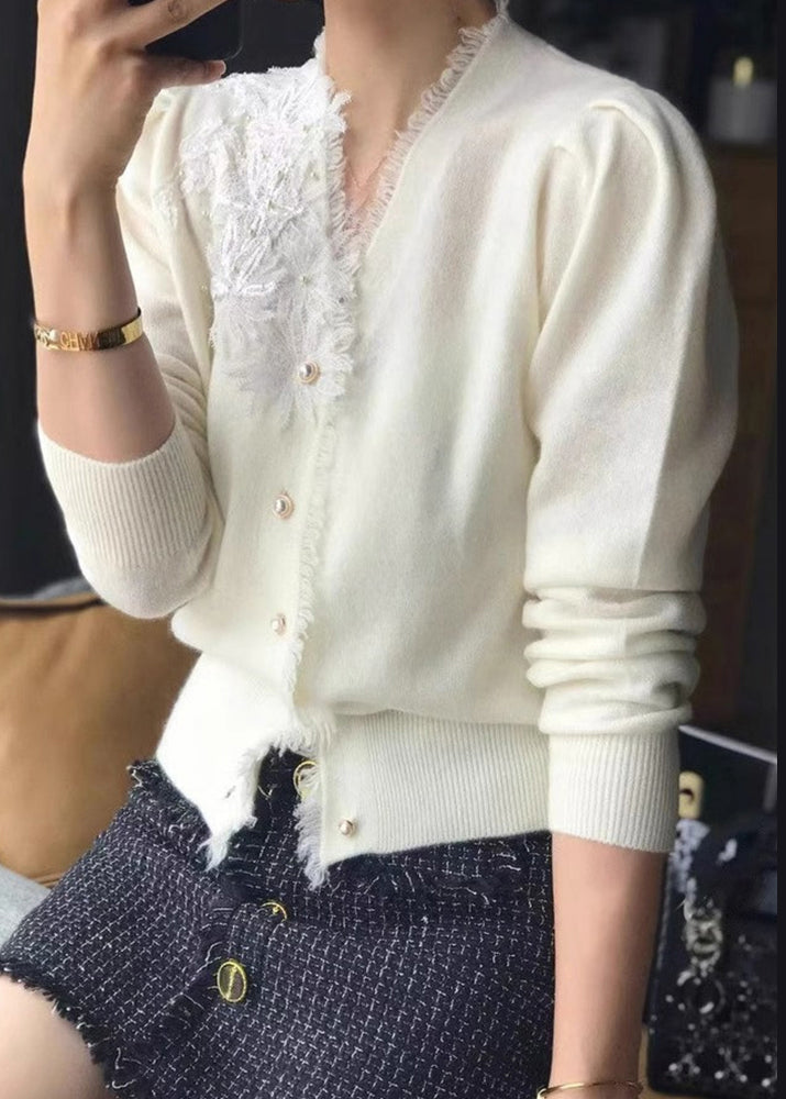 White V Neck Tasseled Embroidered Woolen Cardigan Fall