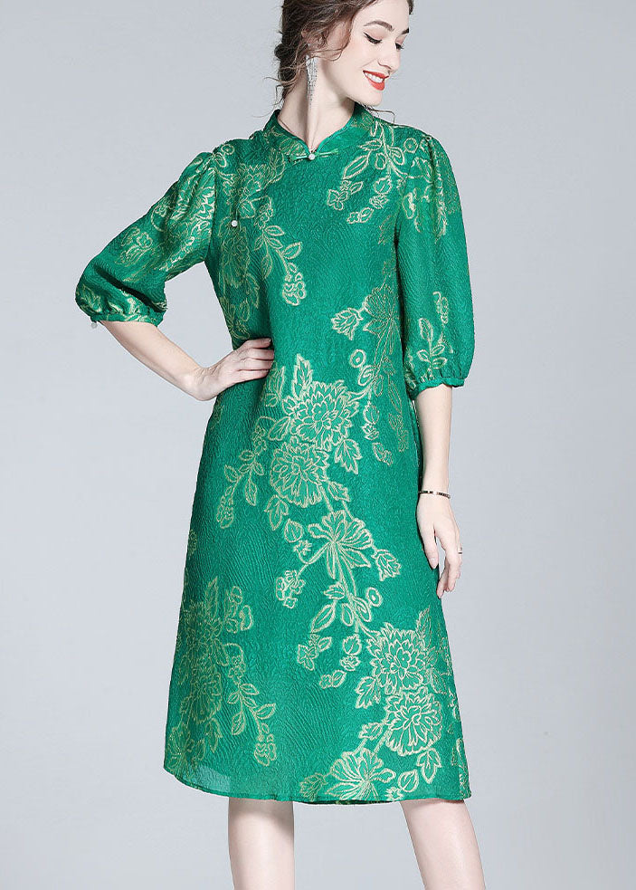Green Embroideried Patchwork Chinese Button Silk Dresses Summer