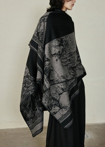 Organic Black V Neck Print Cotton Knit Shawl Coats Fall