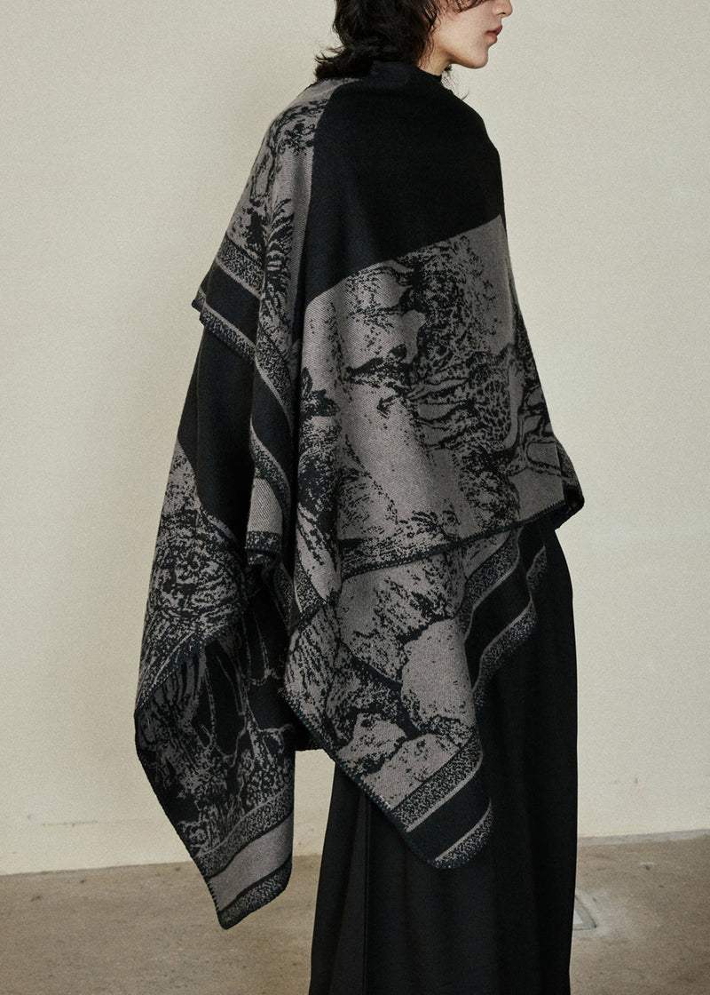 Organic Black V Neck Print Cotton Knit Shawl Coats Fall