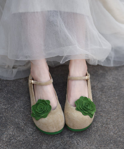 Khaki Suede Flat Shoes for Splicing Buckle Strap