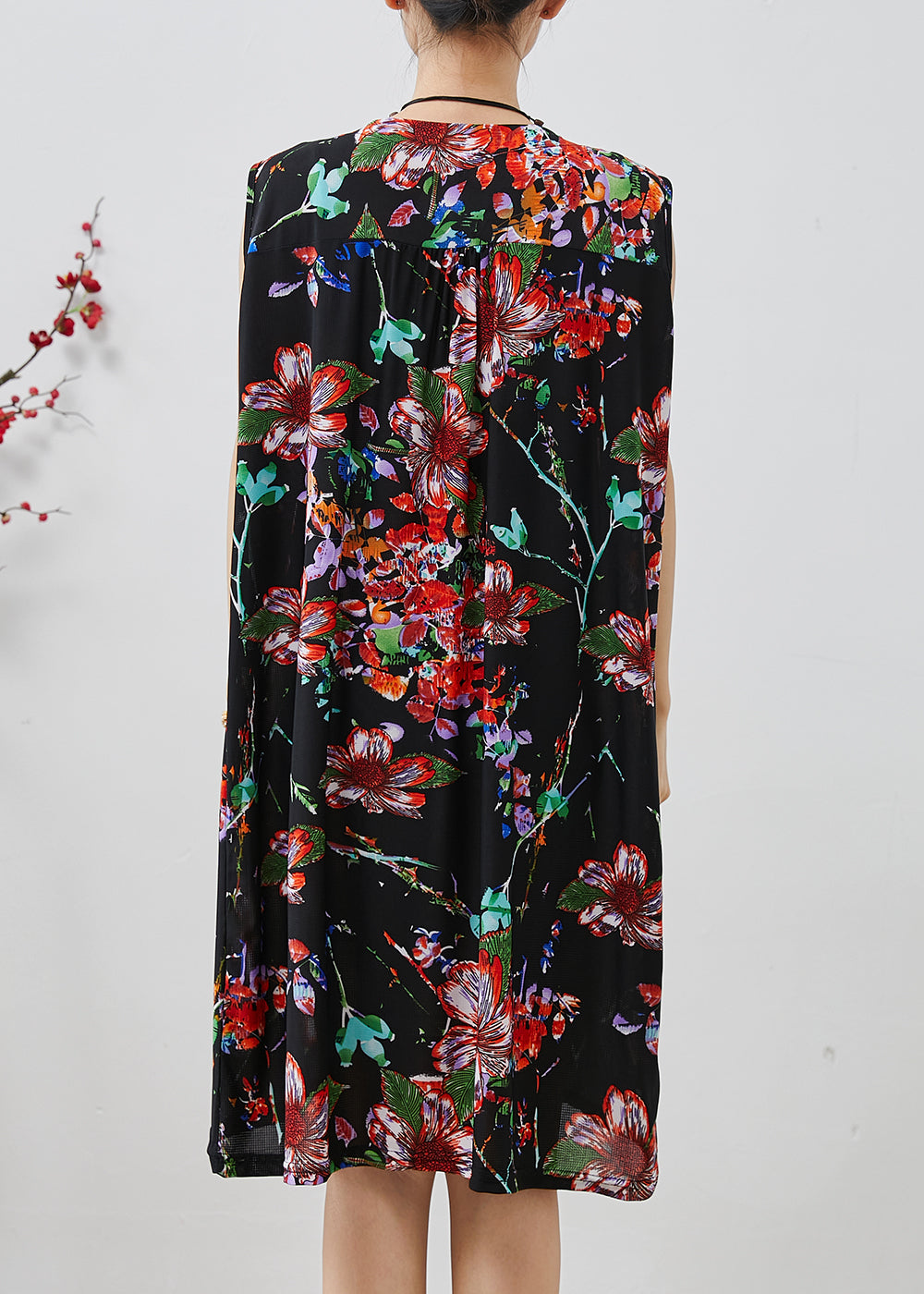 Black Oversized Print Cotton Mid Dress Summer