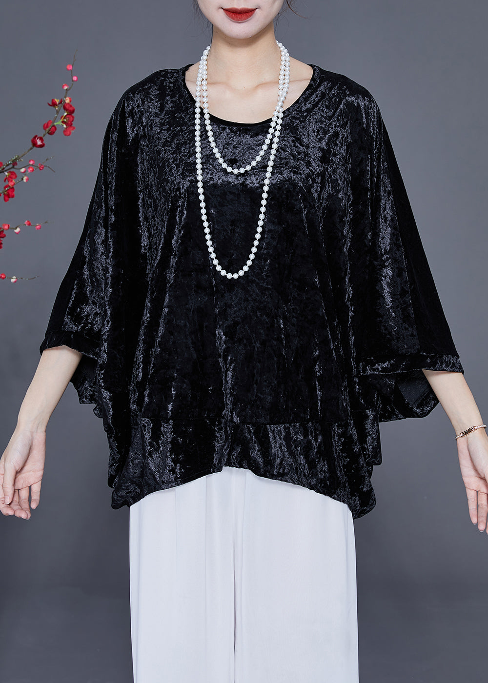French Black O-neck Oversized Silk Velour Shirt Tops Batwing Sleeve