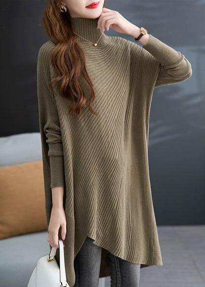 Khaki Green Hign Neck Asymmetrical Knit Sweater Fall