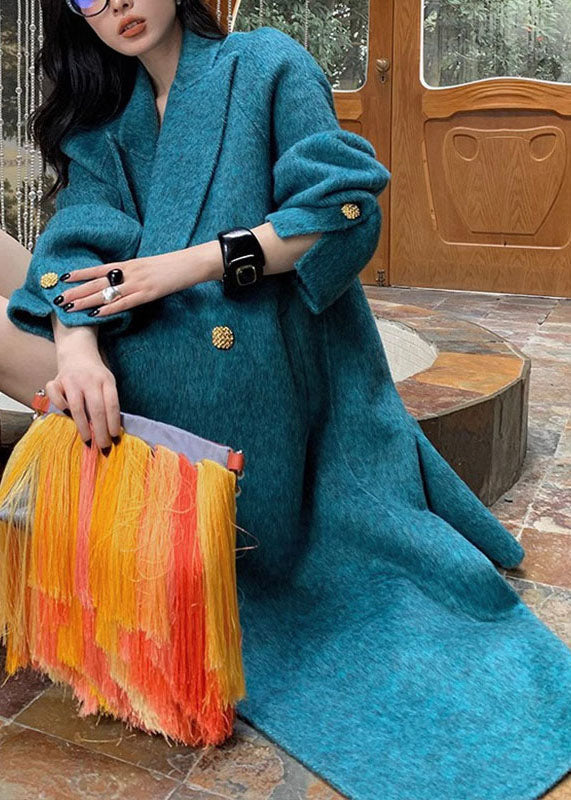 Peacock Blue Notched Pockets Woolen Maxi Coats Long Sleeve