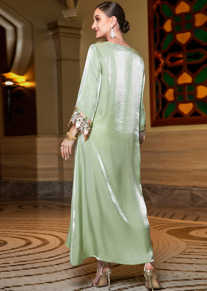 Fitted Light Green O-neck Embroideried Lace Patchwork Silk Long Dress Fall