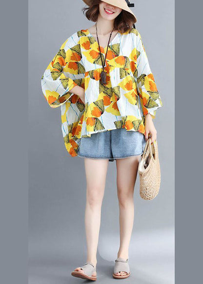 Yellow Loose V Neck Print Patchwork Fall Tops Half Sleeve