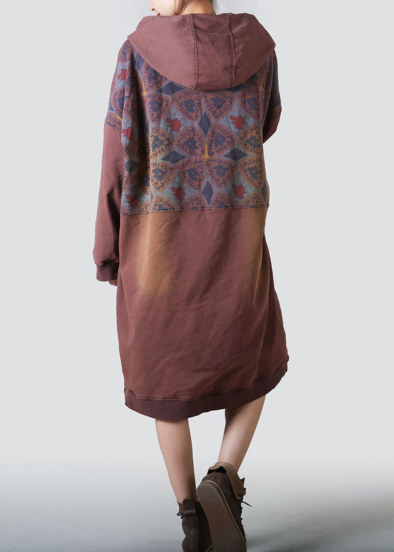 Coffee Hooded Patchwork Print Cotton Dresses Spring