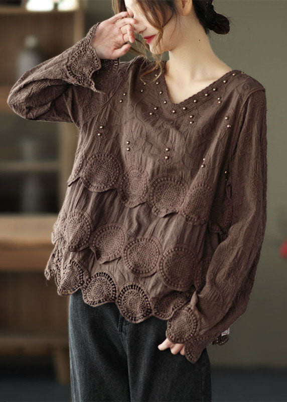 Chocolate Embroideried Hollow Out Fall Long Sleeve Shirt Tops