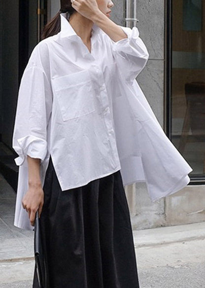Natural White Peter Pan Collar Low High Design Button Pockets Cotton Shirts Long Sleeve Spring
