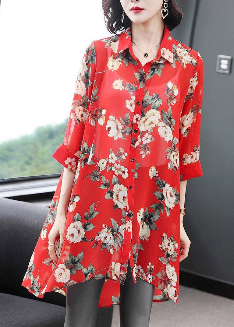 Red Peter Pan Collar Button Print Chiffon Shirt Half Sleeve
