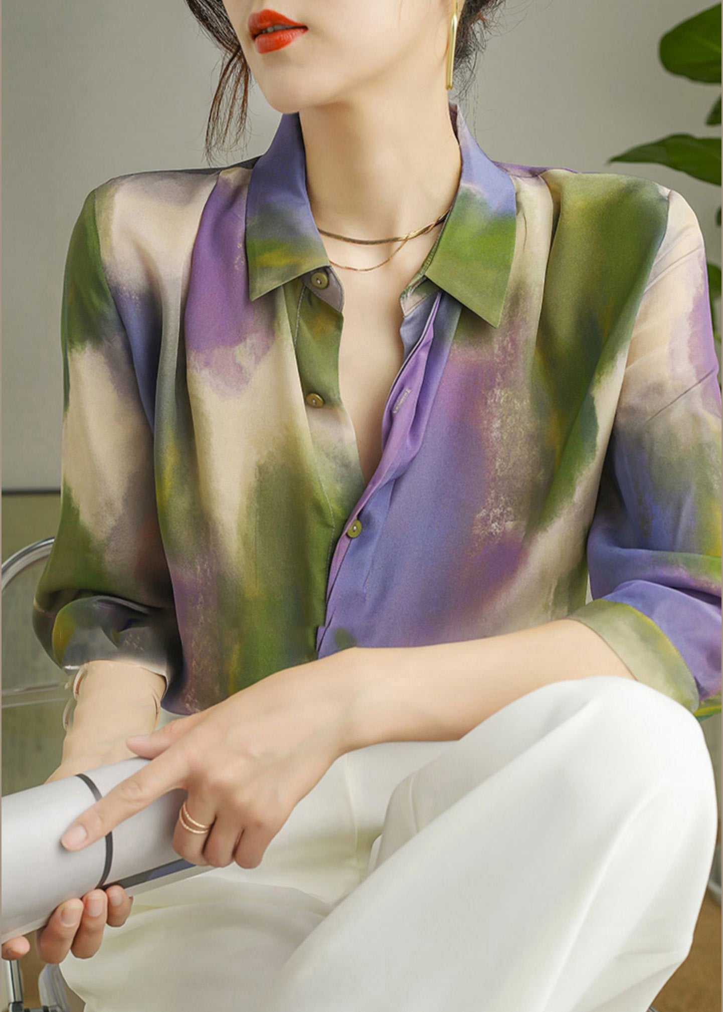 Peter Pan Collar Print Button Silk Shirt Long Sleeve