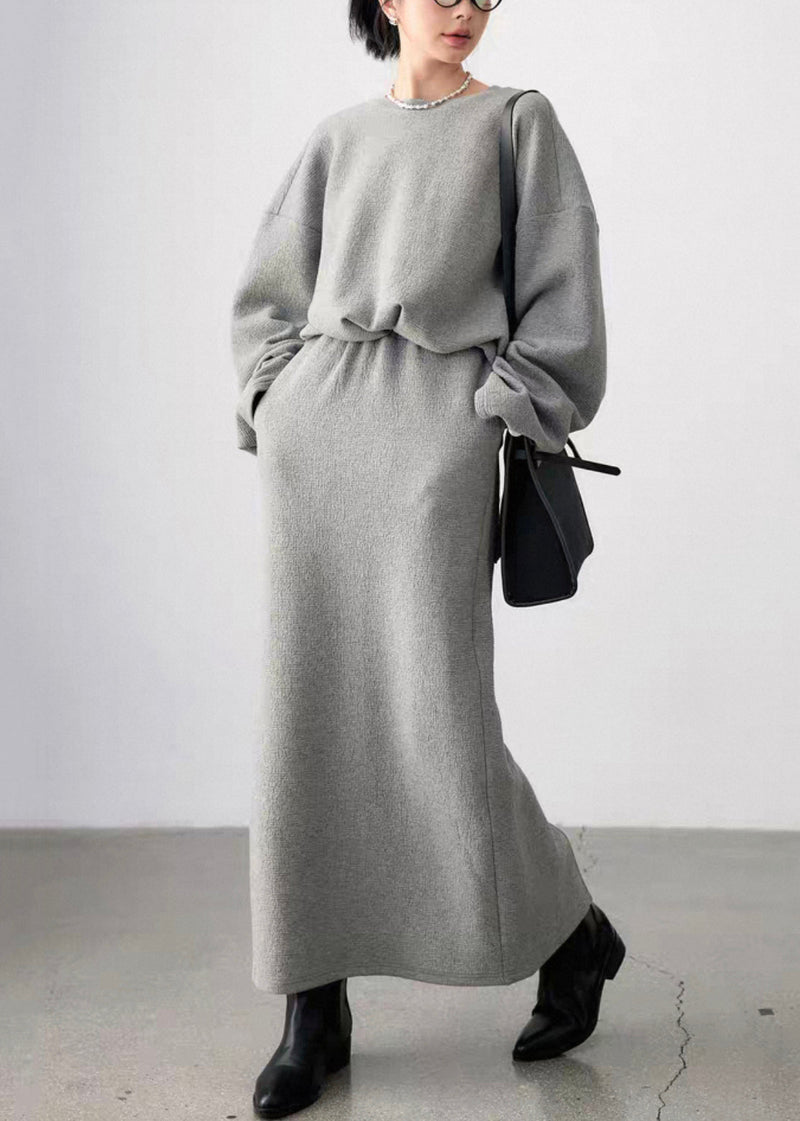 Grey O Neck Side Open Sweatshirt and Skirts Cotton Two Pieces Set Fall