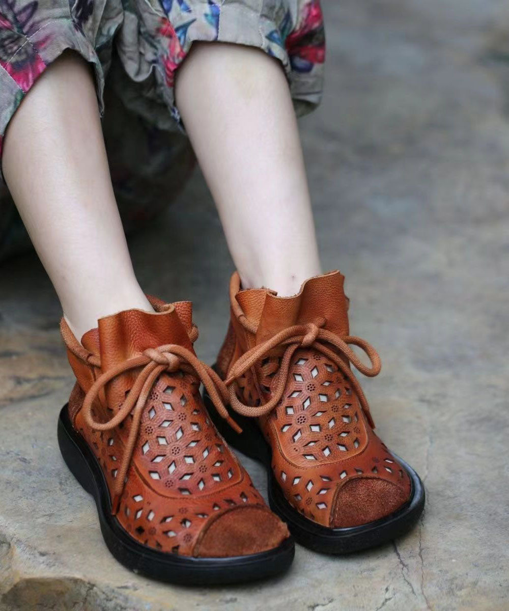 Hollow Out Lace Up Splicing Boots Brown Cowhide Leather