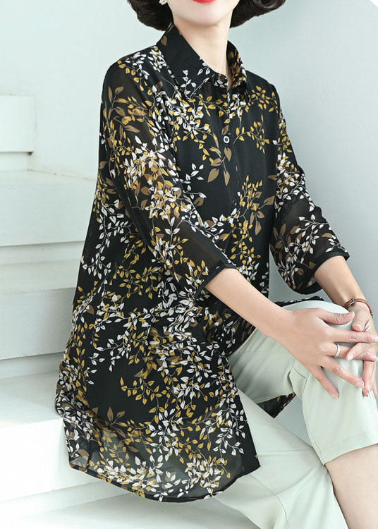 Dark Blue Peter Pan Collar Print Button Chiffon Long Shirt Tops Bracelet Sleeve