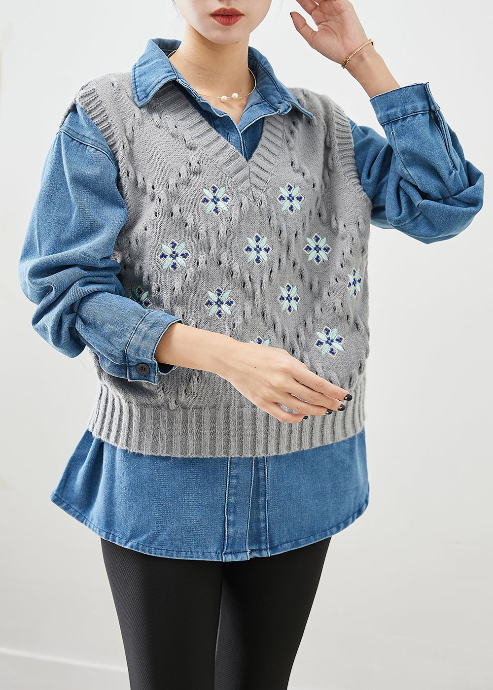 Oversized Thick Knit Vest and Denim Shirt Two Piece Set Outfits Fall
