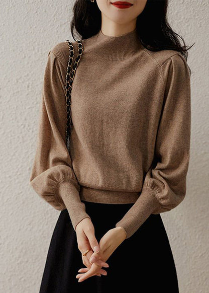 Camel Turtleneck Knit Top Long Sleeve
