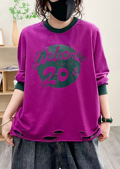 Purple Hole Print Cotton Tops Long Sleeve
