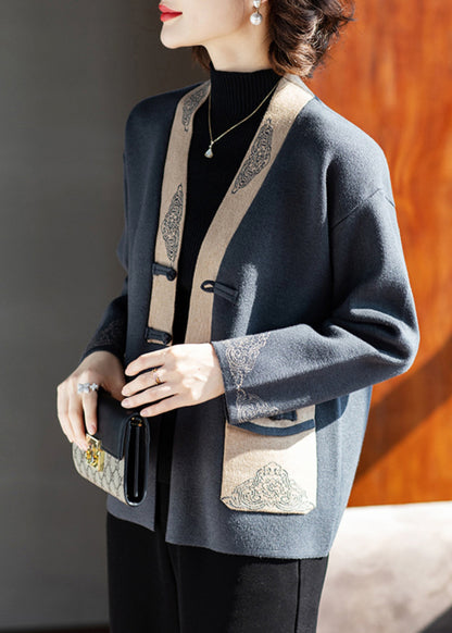 Charcoal Grey V Neck Print Pockets Woolen Coat Fall
