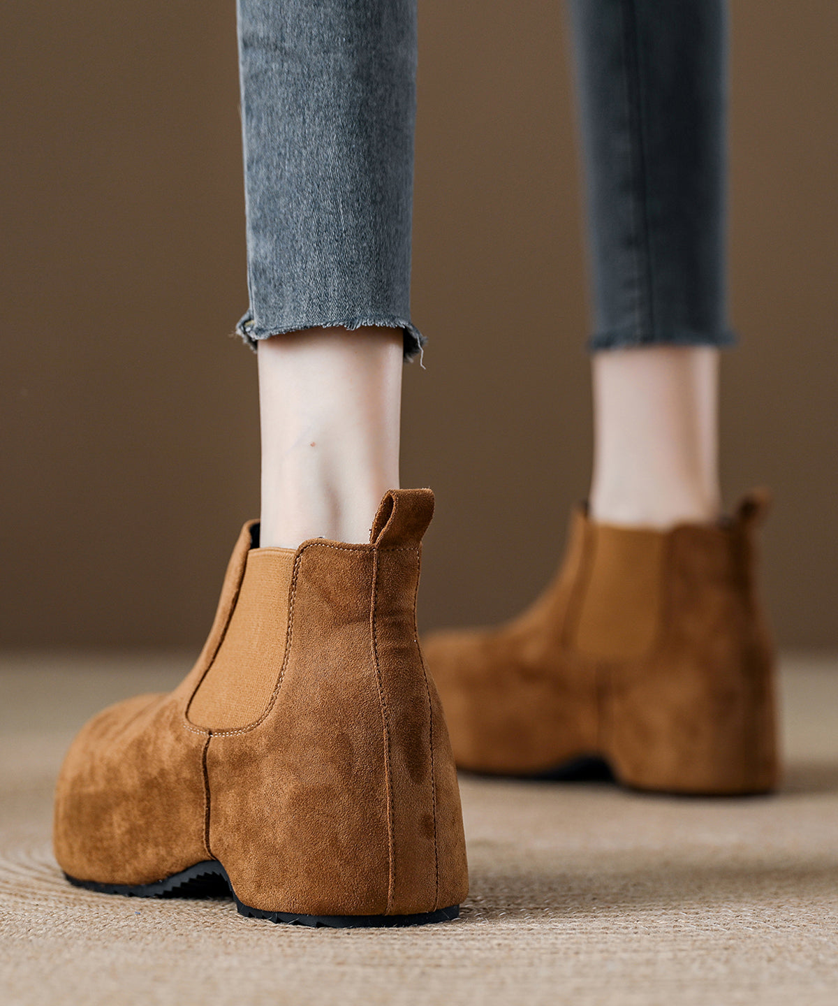 Coffee Suede Splicing Boots Fuzzy Wool Lined