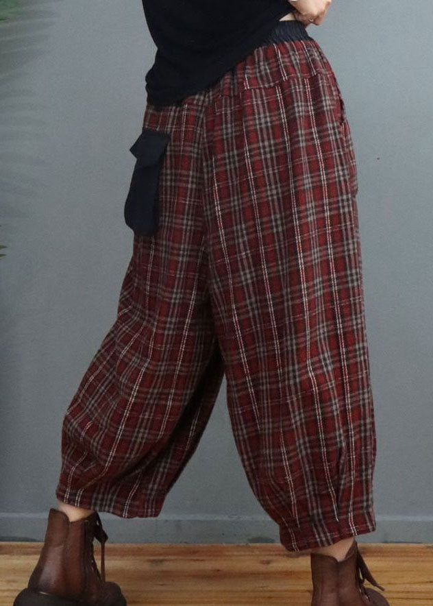 Fitted Red Plaid Pockets Lantern Pants Winter