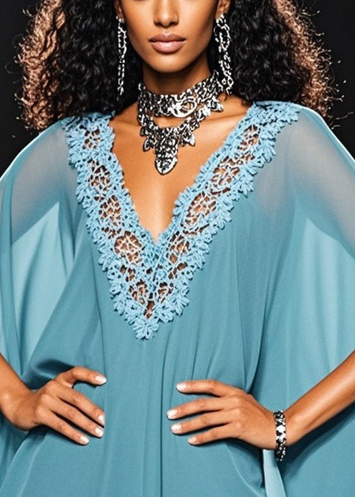 Loose Blue V Neck Hollow Out Lace Chiffon Top Batwing Sleeve