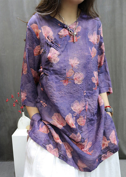 Handmade Pink O-neck Print Button Top Summer