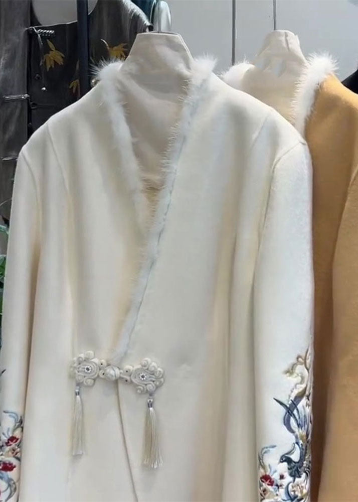 White Fur Collar Button Woolen Coat Long Sleeve