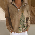 Comstylish Women's Vintage Christmas Tree Print Long Sleeve Zipper Sweatshirt