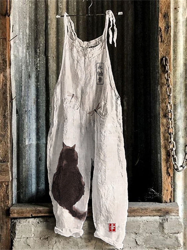 Japanese Art Cat Print Linen Blend Casual Jumpsuit elevenforest