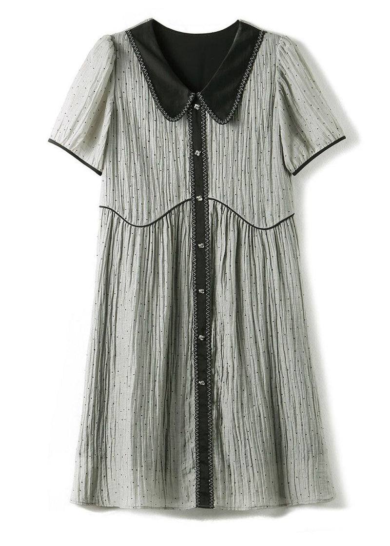 Grey Peter Pan Collar Wrinkled Patchwork Silk Dress Summer