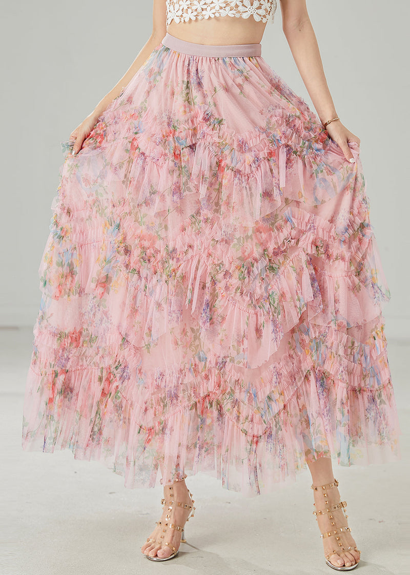 Pink Ruffled Print Tulle Holiday Skirt Summer