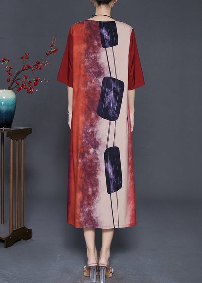 Red Print Tie Dye Silk Long Dress Summer