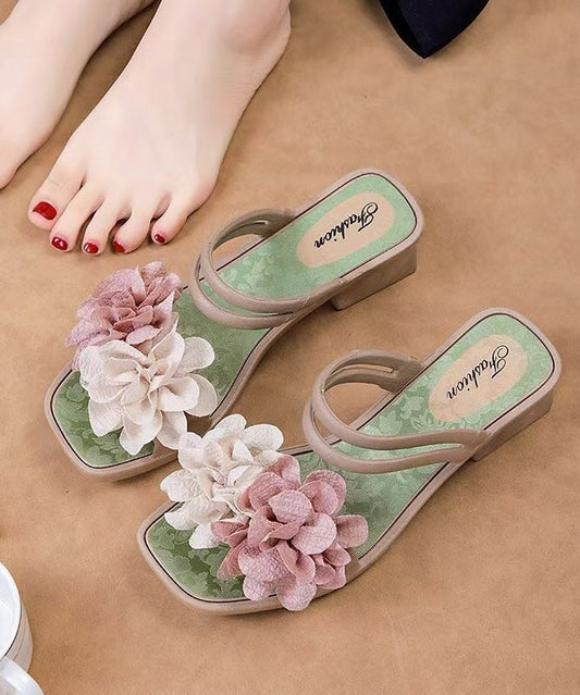 Green Splicing Chunky Slide Sandals Peep Toe