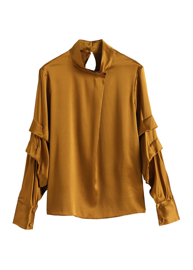 Yellow Stand Collar Silk Top Lantern Sleeve
