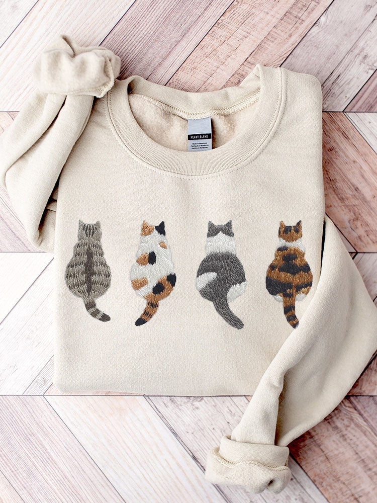 Cute Cats Embroidery Pattern Casual Cozy Sweatshirt elevenforest