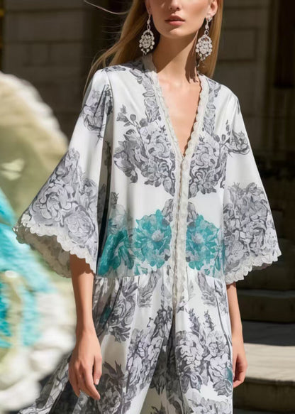 Fitted Grey Oversized Print Silk Robe Dresses Flare Sleeve Summer