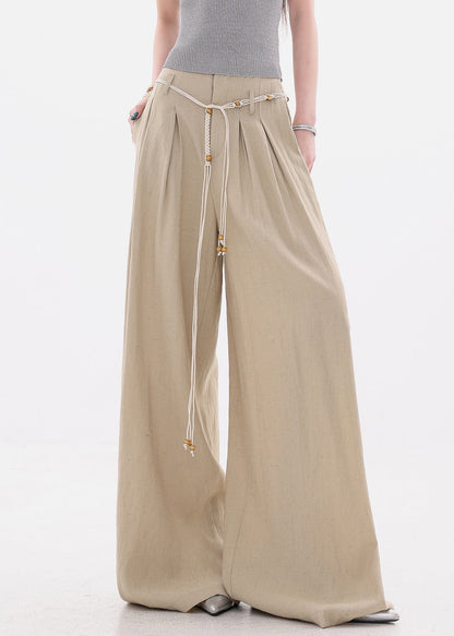 Khaki Pockets Tie Waist High Waist Cotton Wide Leg Pants Fall