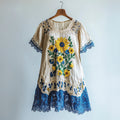Sunflower Vintage Lace Embroidery Patchwork Women's Linen Dress artswardrobe