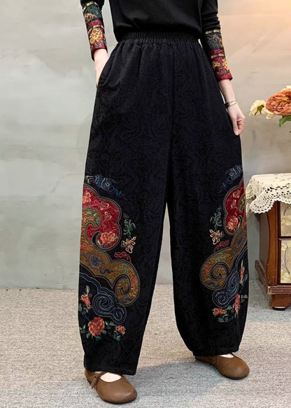 Black Embroidered Oversized Linen Pants Spring