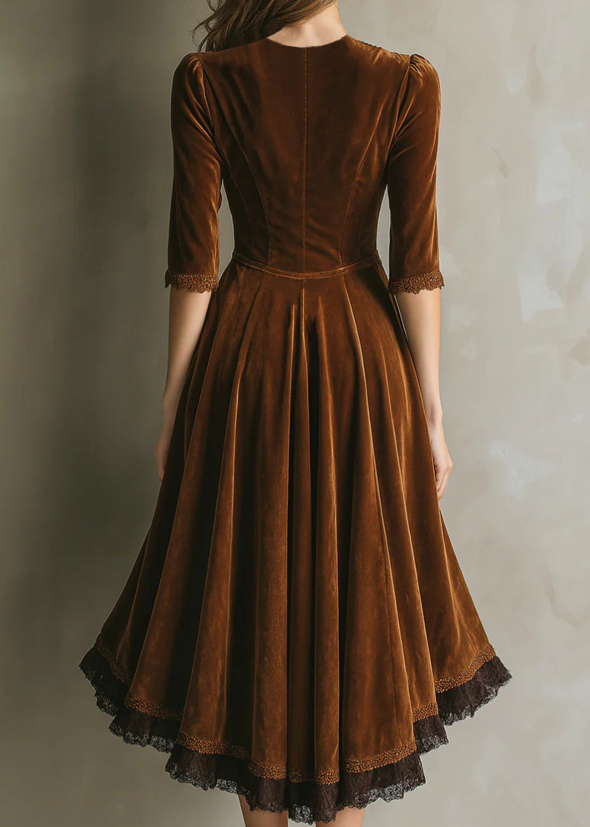 French Chocolate V Neck Lace Patchwork Silk Velvet Long Dress Half Sleeve