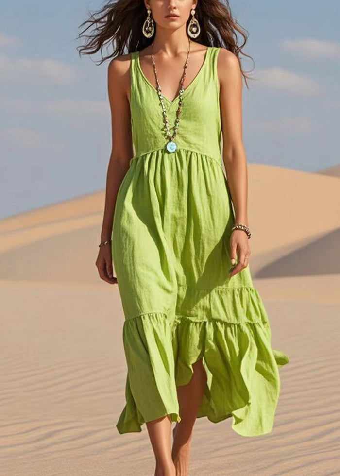 Fruit Green V Neck Cotton Summer Dress Sleeveless