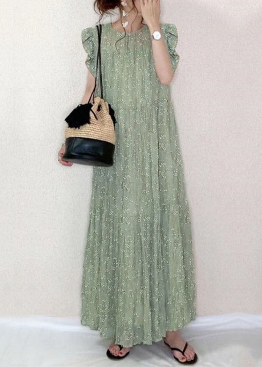 Green O-neck Ruffled Print Holiday Long Dress Summer