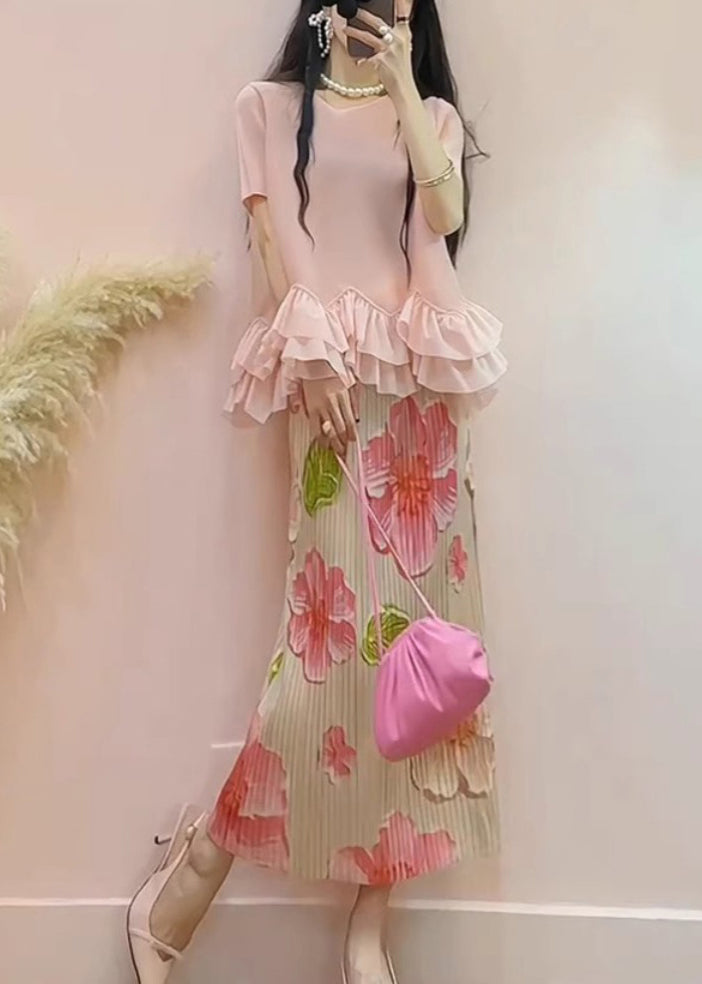 Pink Ruffled Patchwork Jacquard Silk Two Pieces Set Summer