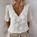 Bohemian Style Woman's V-neck White Rose Short-sleeved Shirt artswardrobe