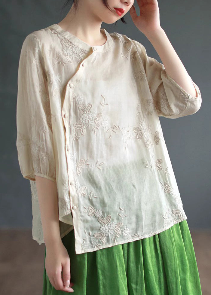 Apricot Embroideried Patchwork Linen Blouses O Neck Half Sleeve