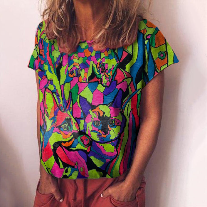 Pop Art Color Block Cat Dog Round Neck T-shirt elevenforest