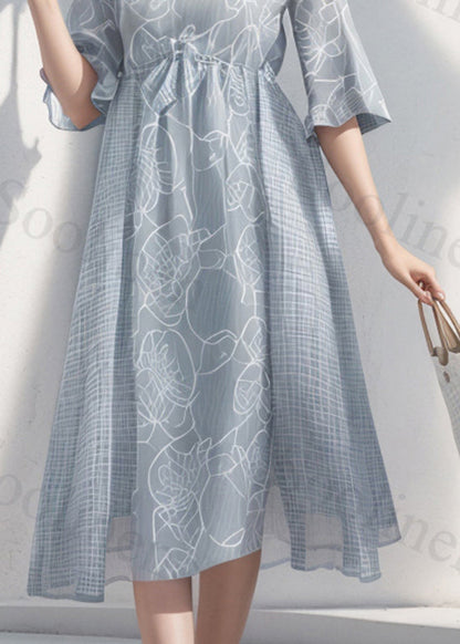 Loose Light Blue O Neck Print Wrinkled Silk Dress Summer