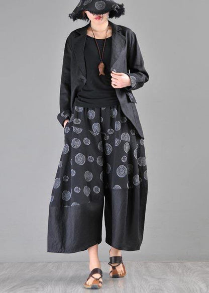 Stylish Black Print Asymmetrical Design Cotton Linen Wide Leg Pants Summer